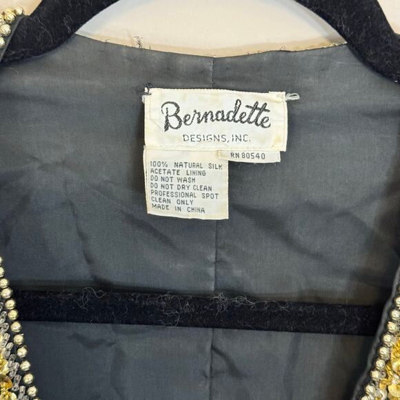 Vintage 80s Bernadette Designs Inc Blazer L Black Silk Beaded Sequin Evening - Picture 6 of 7